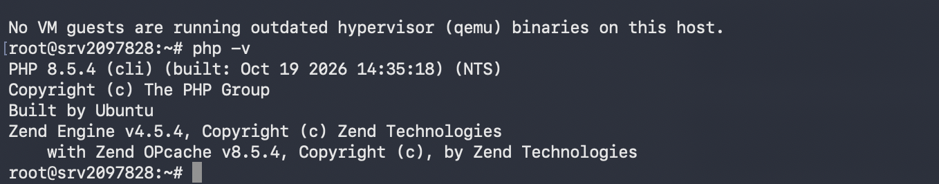 Terminal showing PHP 8.5.4 as the installed PHP CLI version on an Ubuntu VPS