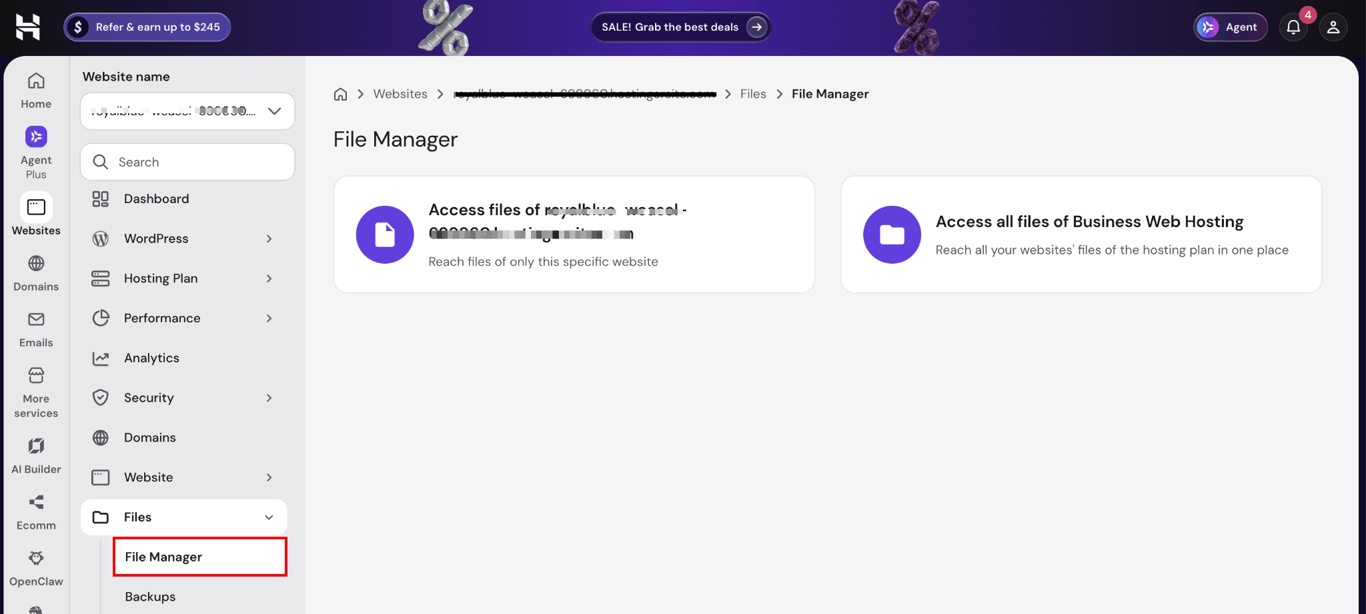 Hostinger Dashboard File Manager option highlighted in the website sidebar