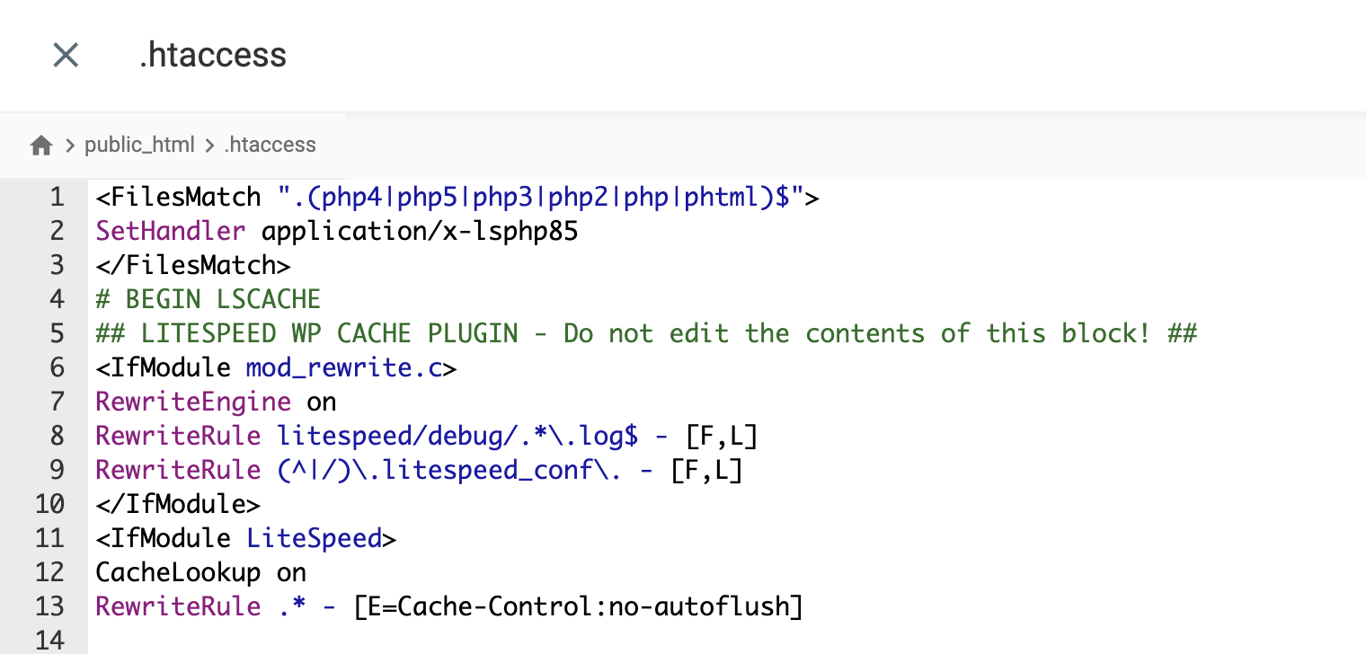 Hostinger File Manager showing an .htaccess rule that assigns PHP 8.5 using the SetHandler directive