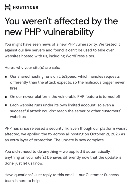Hostinger email confirming that hosted websites weren't affected by the PHP vulnerability and that the security fix was applied automatically.