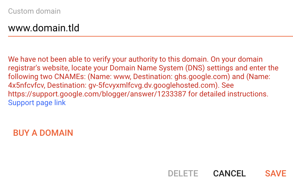 Custom domain page on Blogger. Google displays which CNAME DNS records need to be added to point the domain to Blogger
