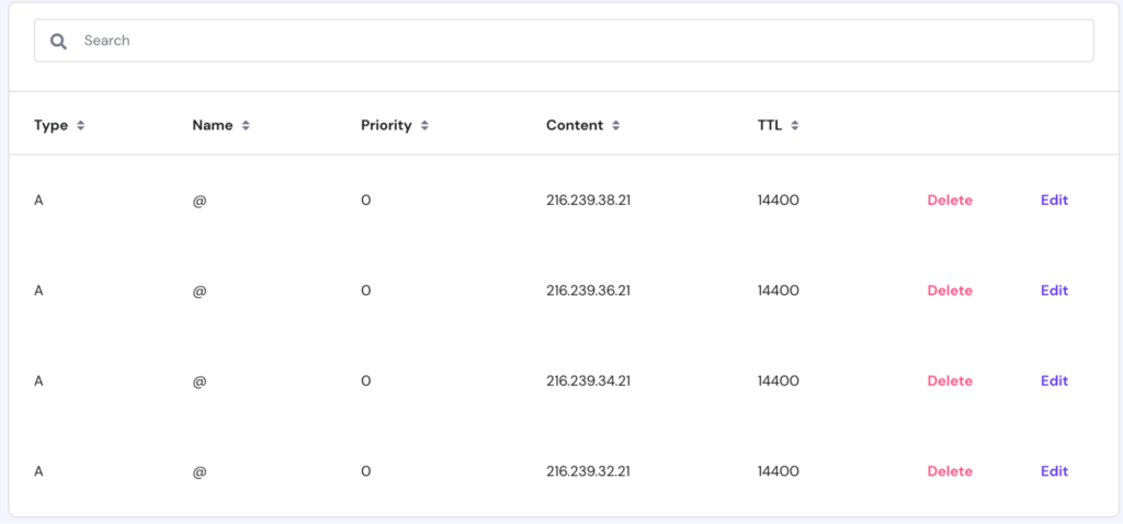 Hostinger's hPanel DNS Zone view with four Blogger A records added