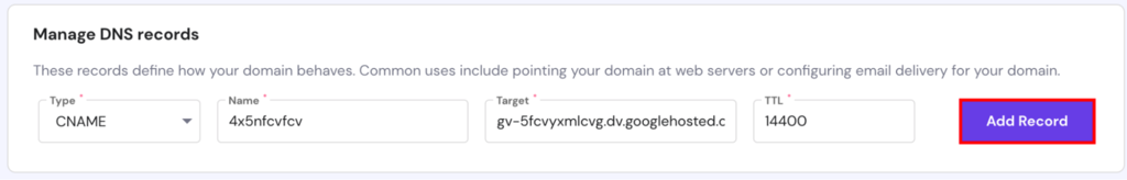 Hostinger's hPanel add new CNAME DNS record page. Add Record button is highlighted