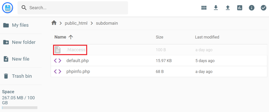 The .htaccess file in the subdomain folder in hPanel's file manager