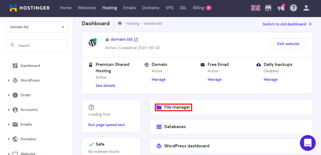 File Manager menu in hPanel