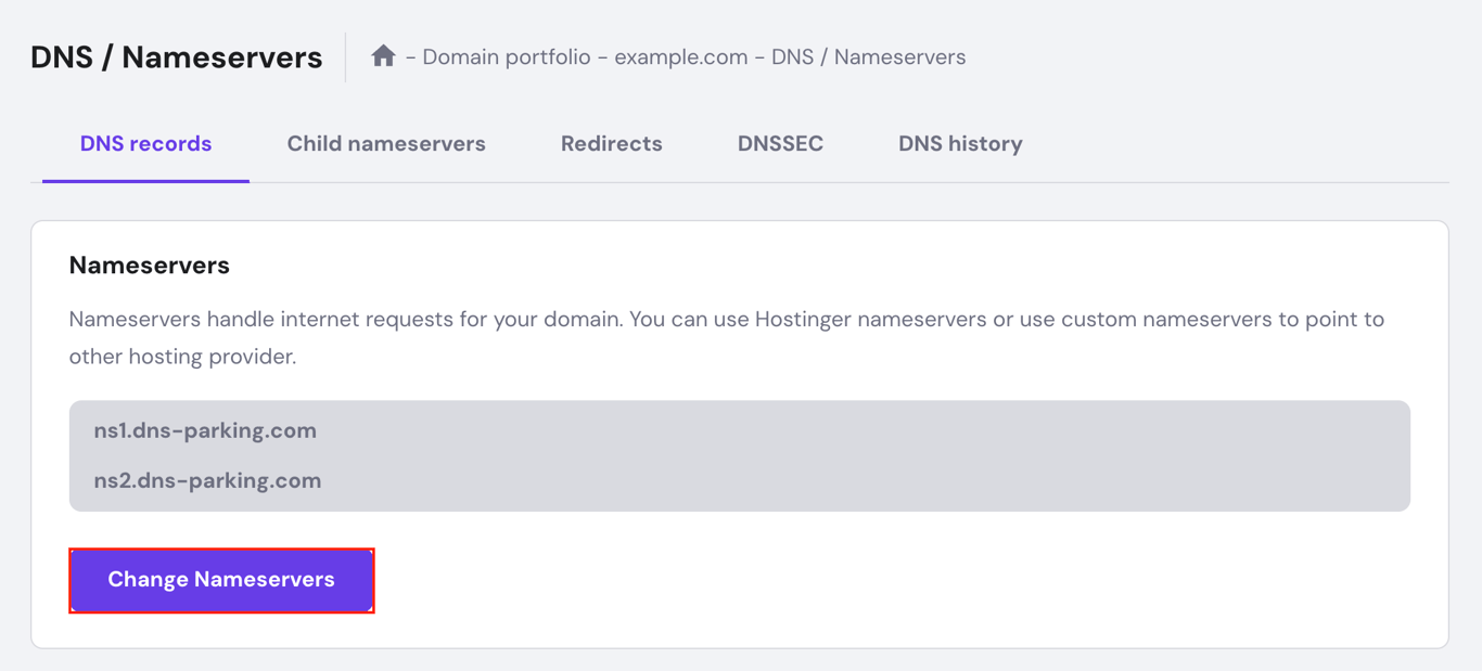 Screenshot of Hostinger hPanel Domain Portfolio DNS/Nameservers section with the Change nameservers button highlighted.