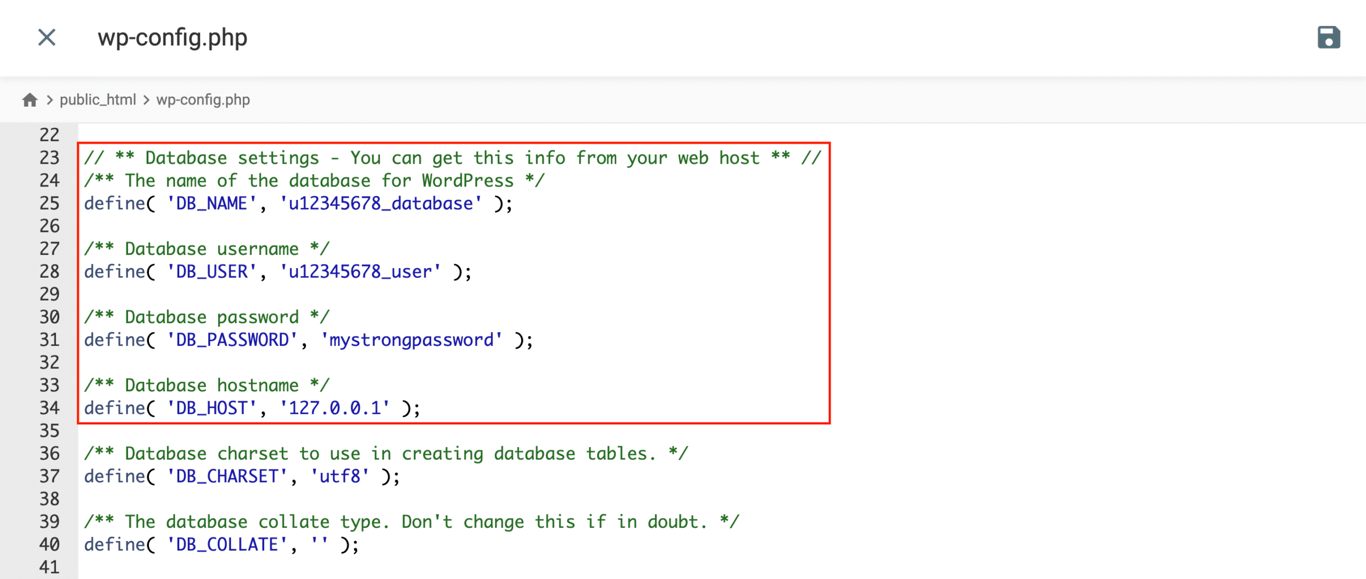Screenshot of Hostinger hPanel File Manager with the wp-config.php database settings highlighted.