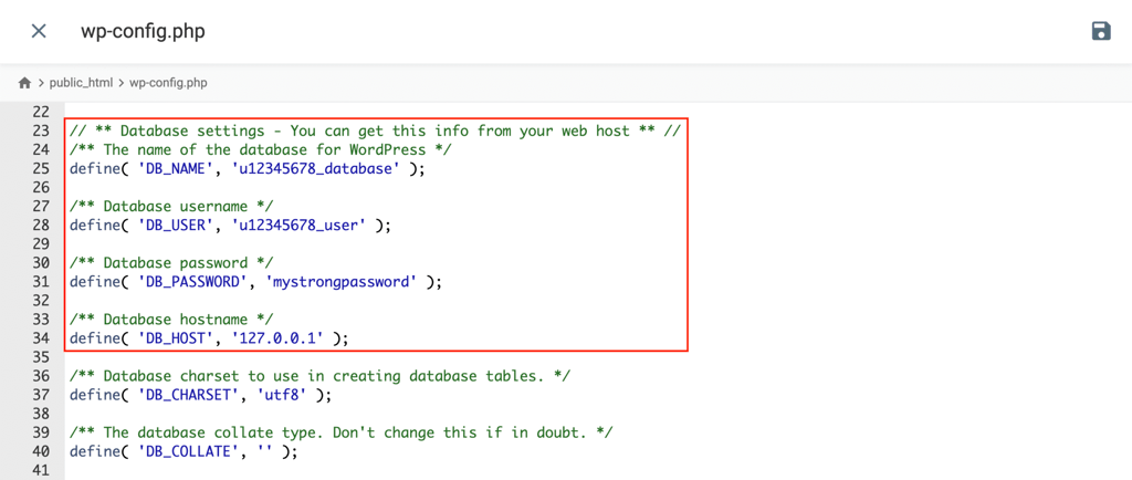 Screenshot of Hostinger hPanel File Manager with the wp-config.php database settings highlighted.