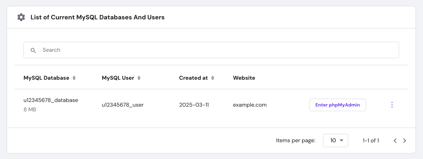 Screenshot of Hostinger hPanel showing the management page with the list of current MySQL databases and users.