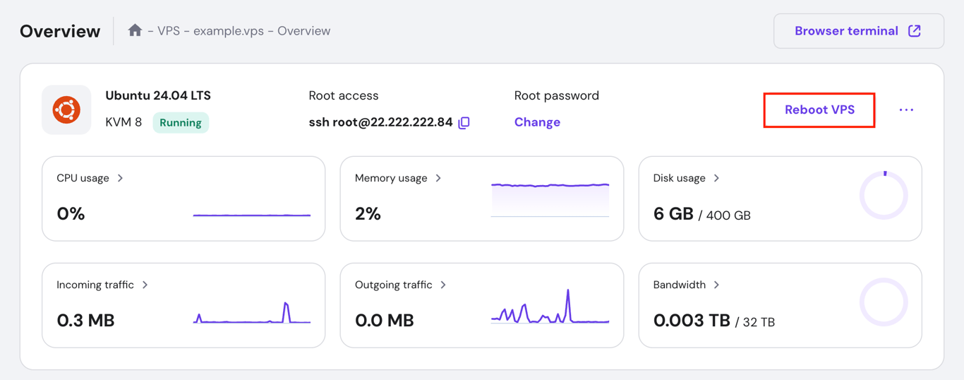Screenshot of Hostinger hPanel VPS Overview page with the Reboot VPS button highlighted.