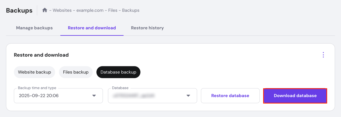 Screenshot of Hostinger hPanel showing the Files &rarr; Backups section with the Download database option highlighted.
