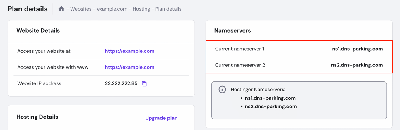 Screenshot of Hostinger hPanel Hosting Plan details page with the current nameservers highlighted.