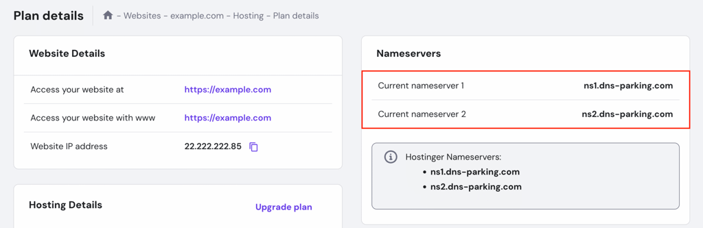 Screenshot of Hostinger hPanel Hosting Plan details page with the current nameservers highlighted.