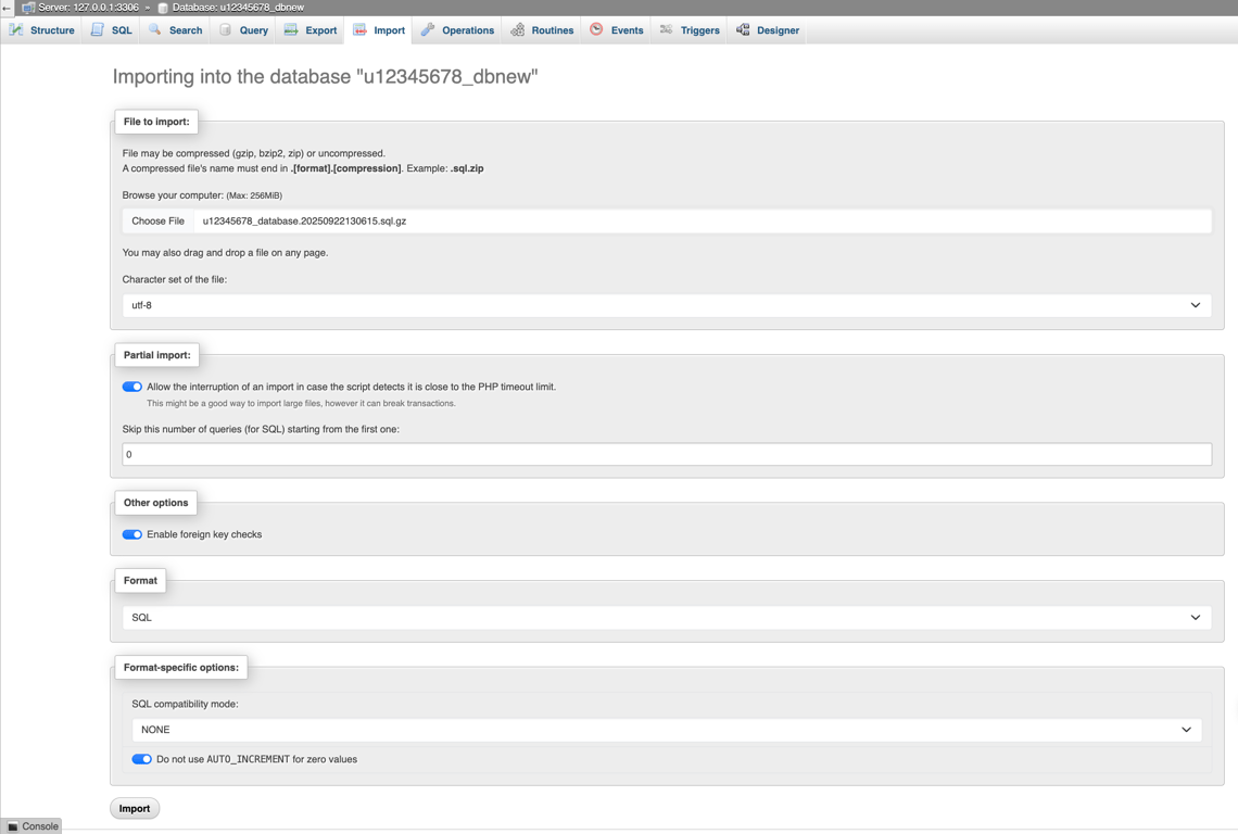Screenshot of phpMyAdmin&rsquo;s Import tab with a backup file selected for upload.