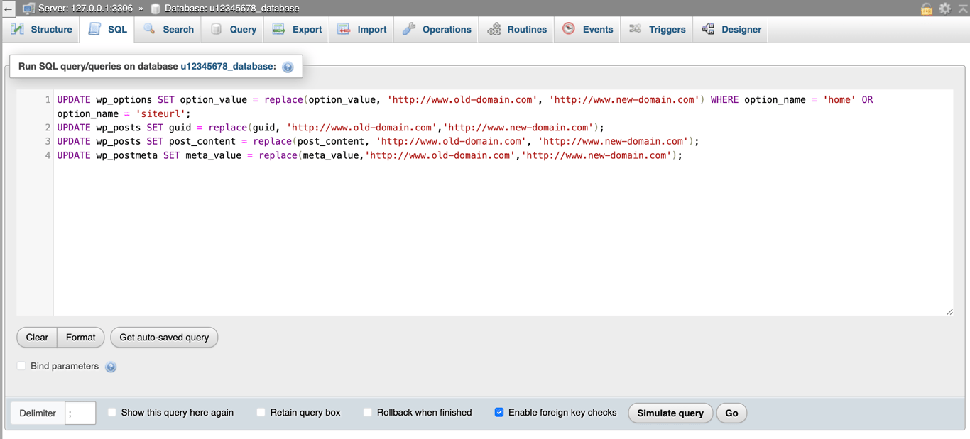 Screenshot of phpMyAdmin with the SQL tab selected to run custom database queries.