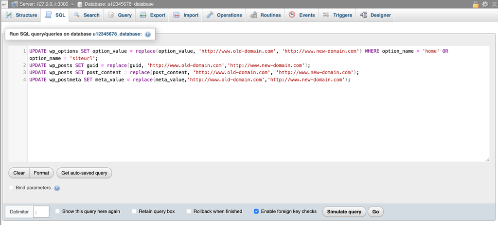 Screenshot of phpMyAdmin with the SQL tab selected to run custom database queries.