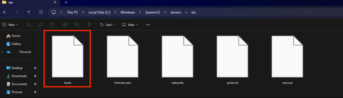 The hosts file on Windows' File Explorer