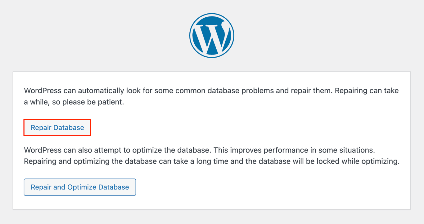 Screenshot of the WordPress admin repair database page with the Repair Database button highlighted.