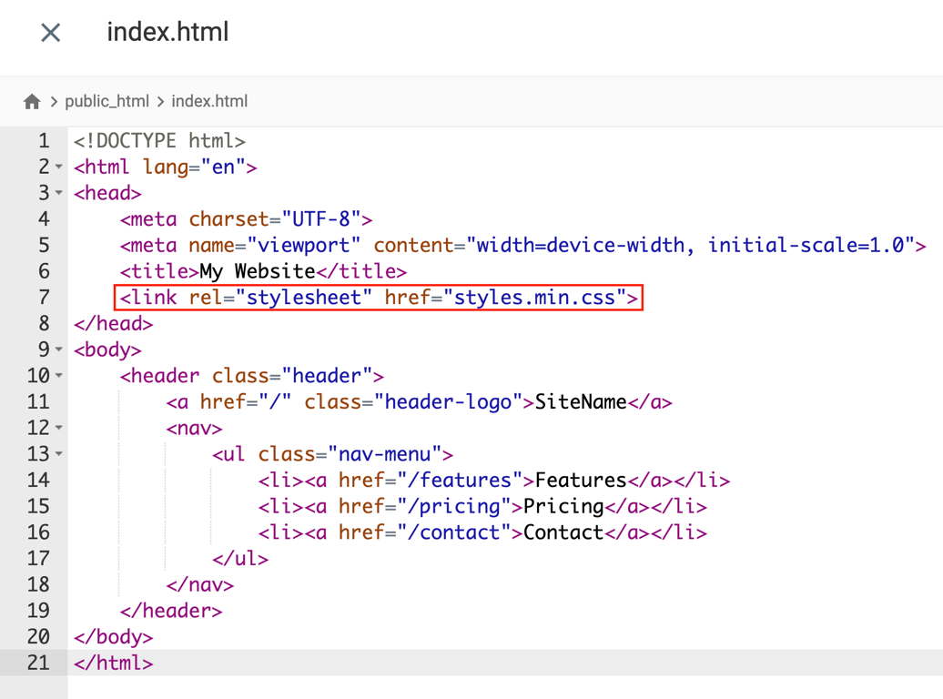 HTML file in Hostinger File Manager with styles.min.css link highlighted
