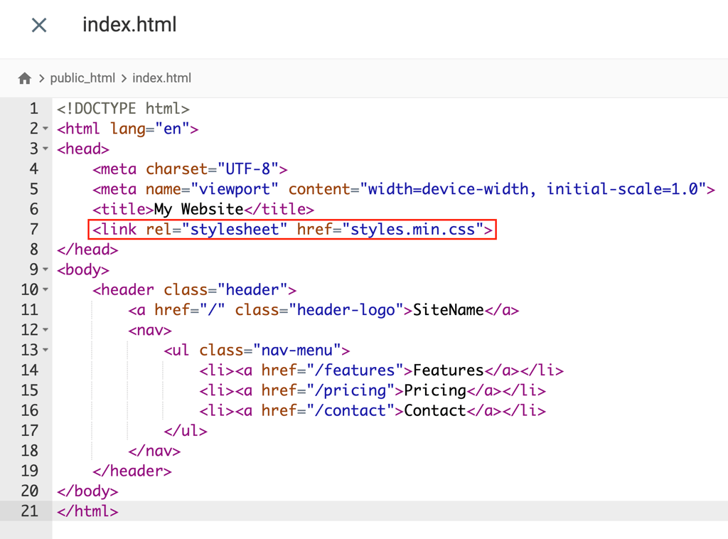 HTML file in Hostinger File Manager with styles.min.css link highlighted