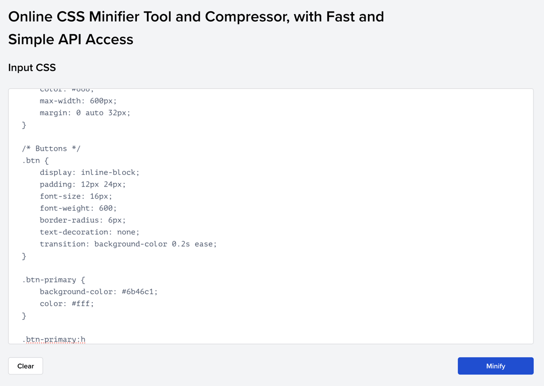Toptal CSS Minifier tool with original CSS code pasted in the input field