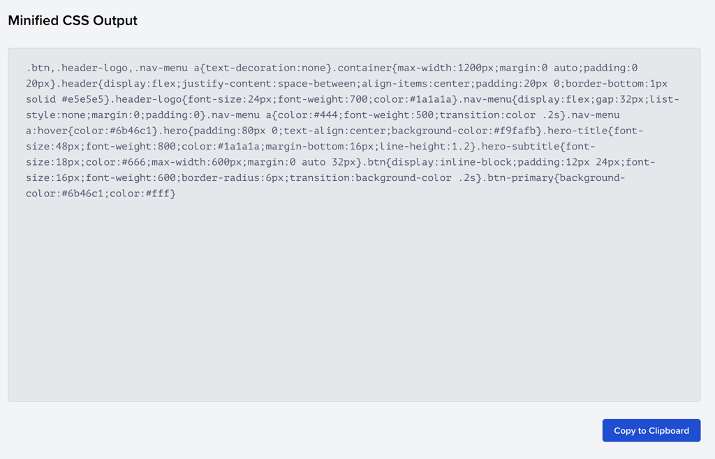 Minified CSS output displayed in Toptal CSS Minifier with a copy button