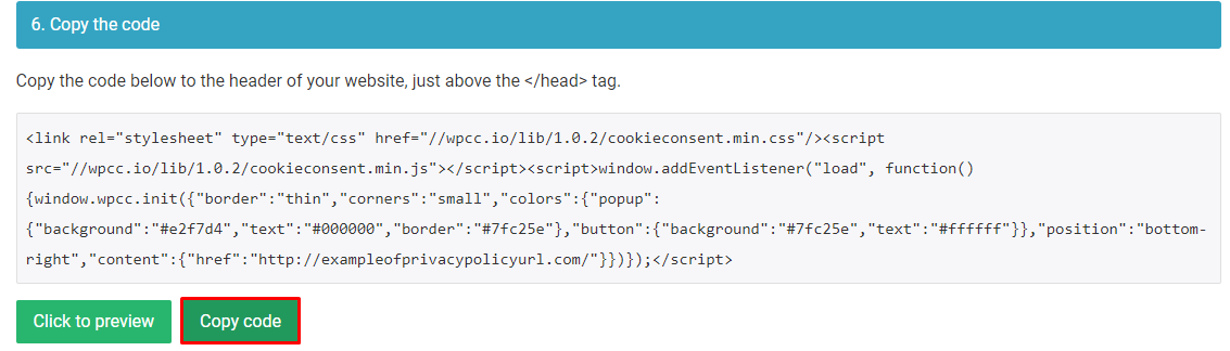 Copying the WordPress cookie notice code in WebsitePolicies