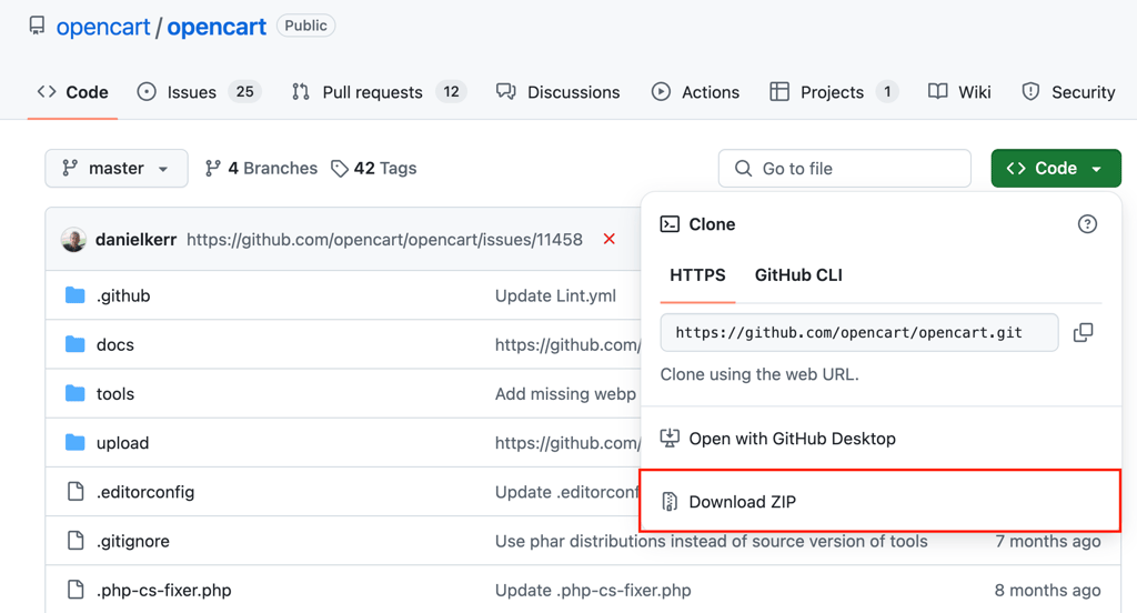The Download ZIP option in the official OpenCart GitHub repository