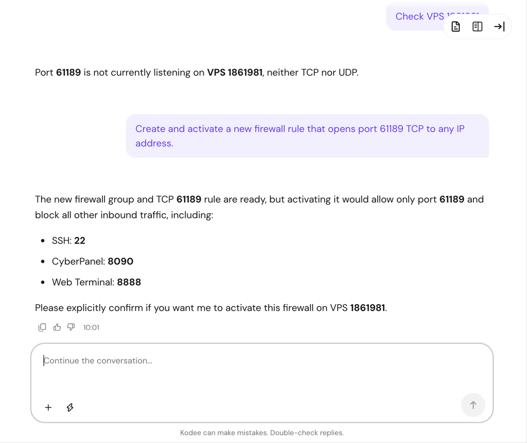 Hostinger Agent creating and activating a new firewall rule