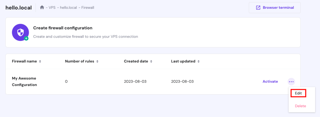 The Firewall page on hPanel. The Edit button is highlighted