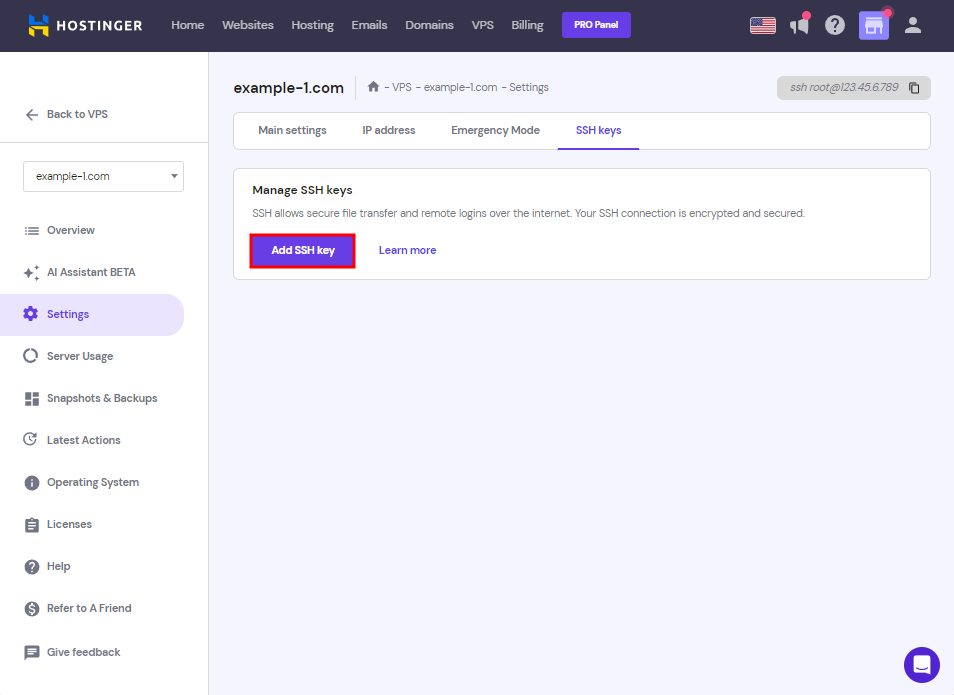 The SSH keys menu on hPanel's VPS Settings showing where to click Add SSH key