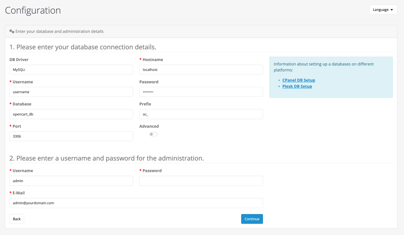The Configuration page in the OpenCart installation wizard