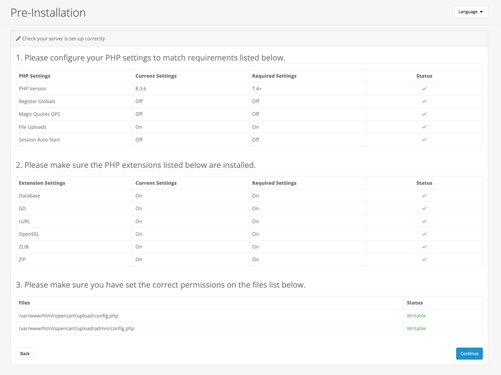 The pre-installation checklist in the OpenCart installation wizard