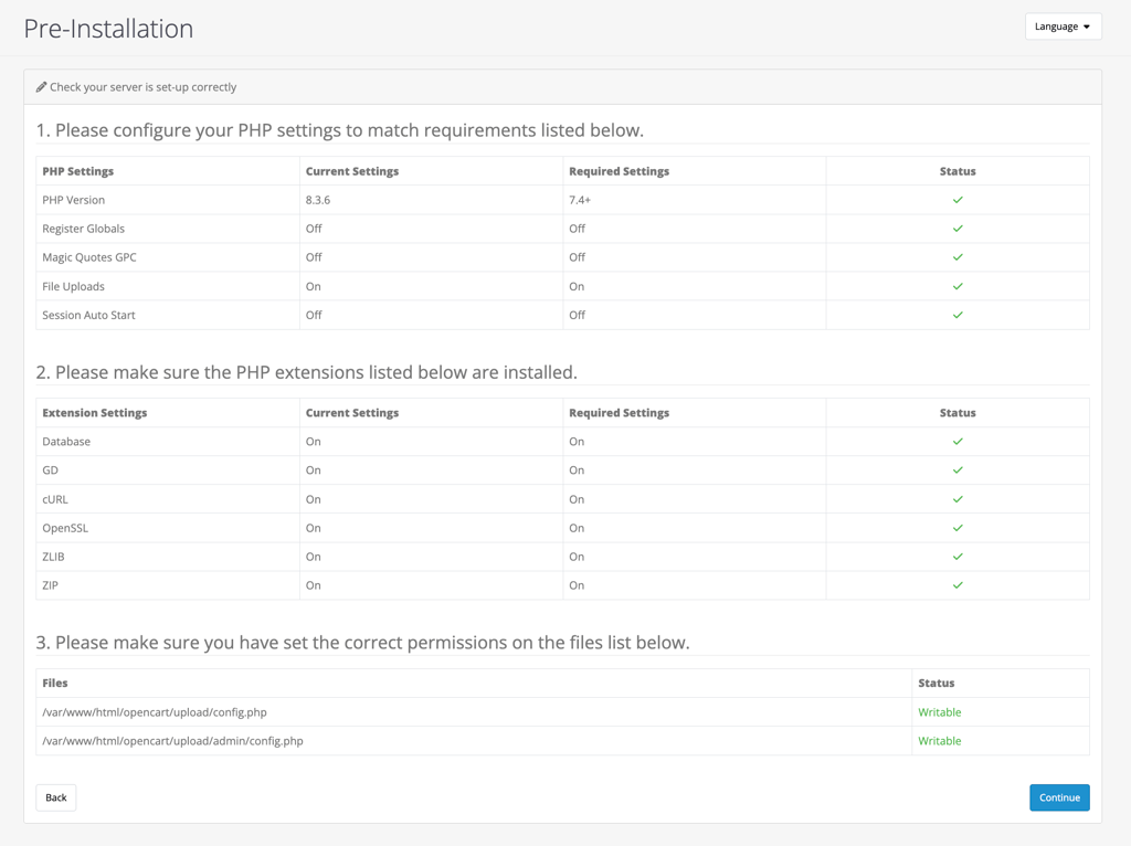 The pre-installation checklist in the OpenCart installation wizard