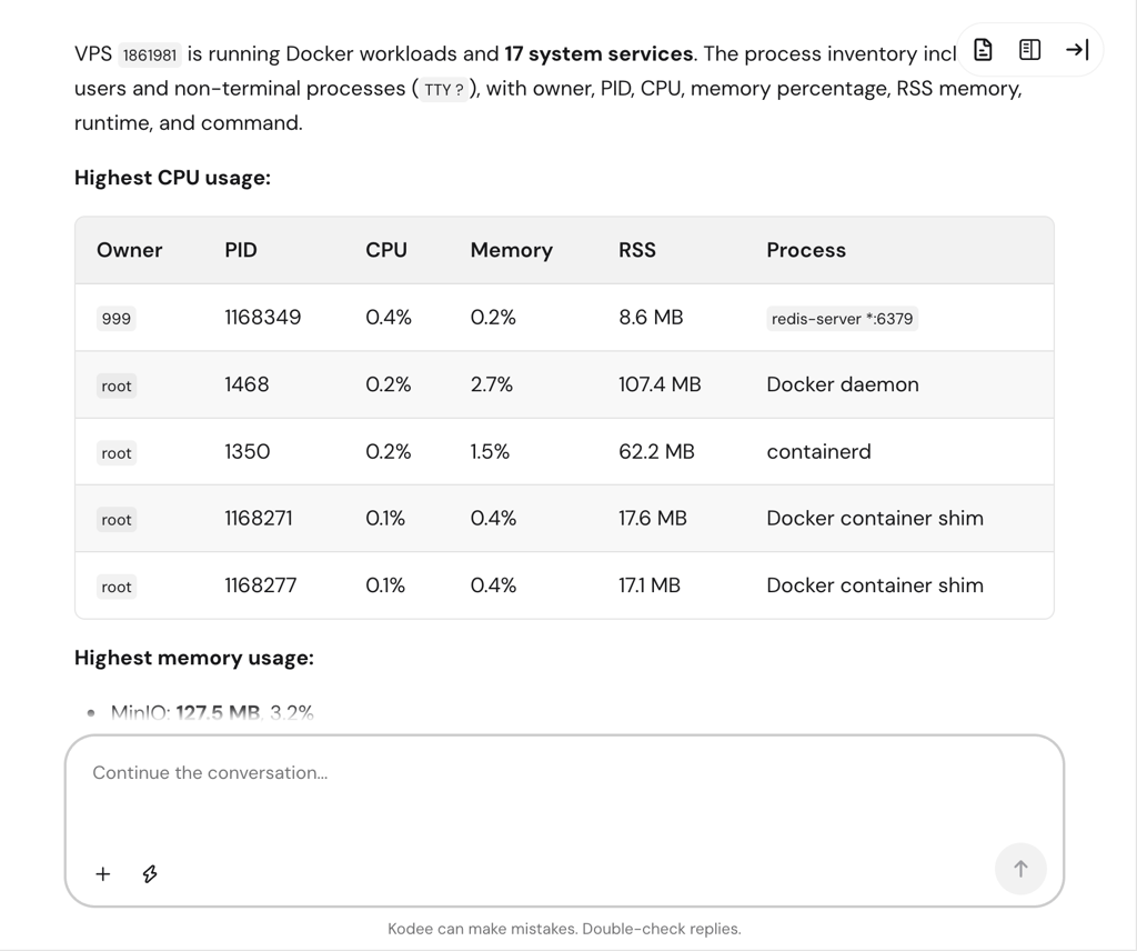 Hostinger Agent listing all Linux processes