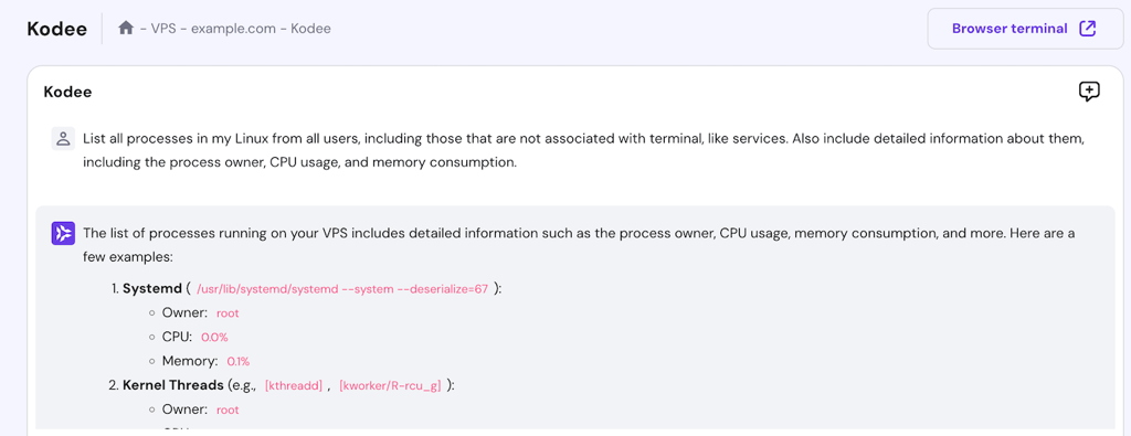 Kodee lists all processes in the user's VPS