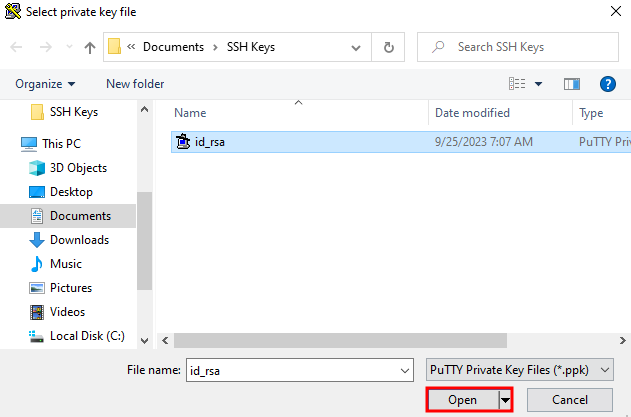 The process of selecting the private key for putty client