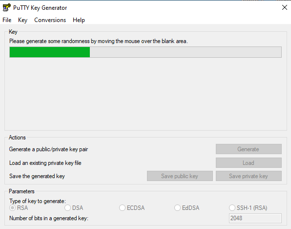 The process of generating new SSH key via puttygen