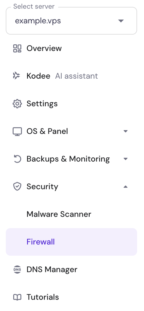 Hostinger VPS Firewall settings displayed on the left-side navigation panel with security options.
