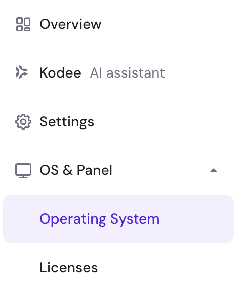Screenshot of Hostinger VPS dashboard showing the Operating System selection menu.