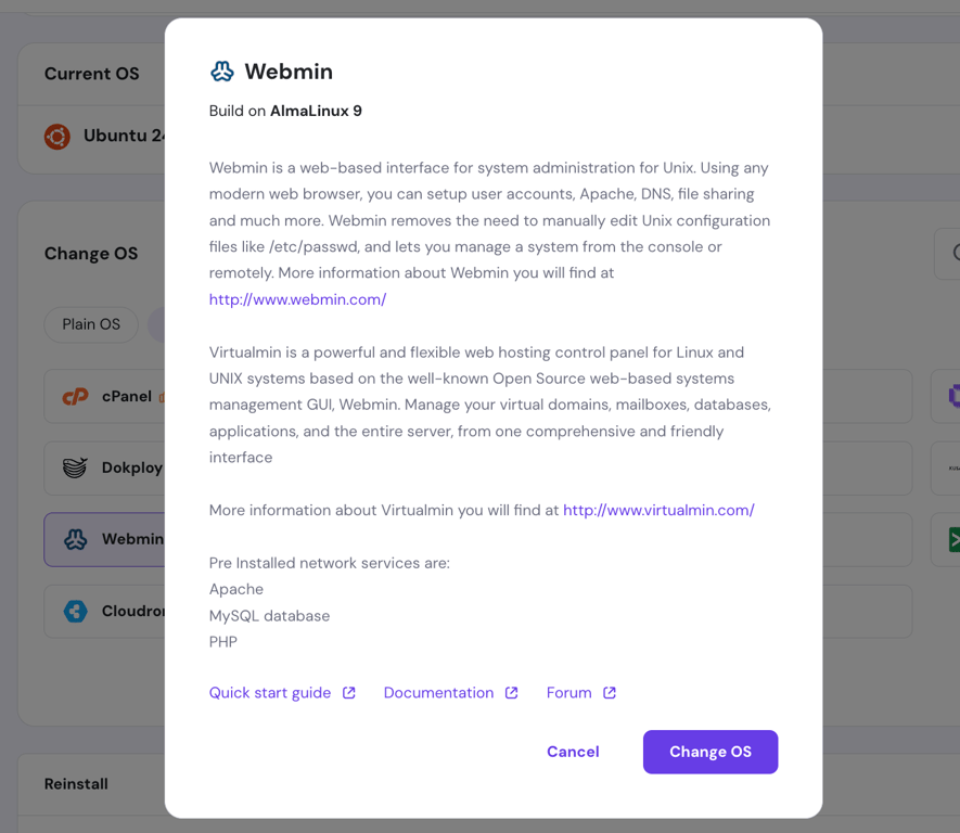Choosing Webmin with AlmaLinux 9 with Hostinger's Change OS option for VPS