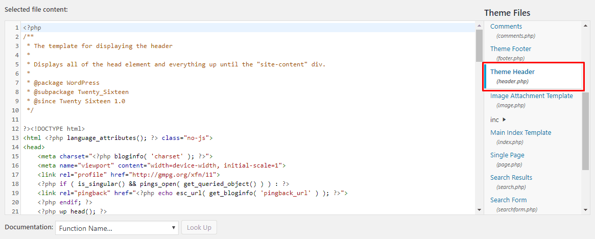 WordPress Theme Editor, with the Theme Header file highlighted