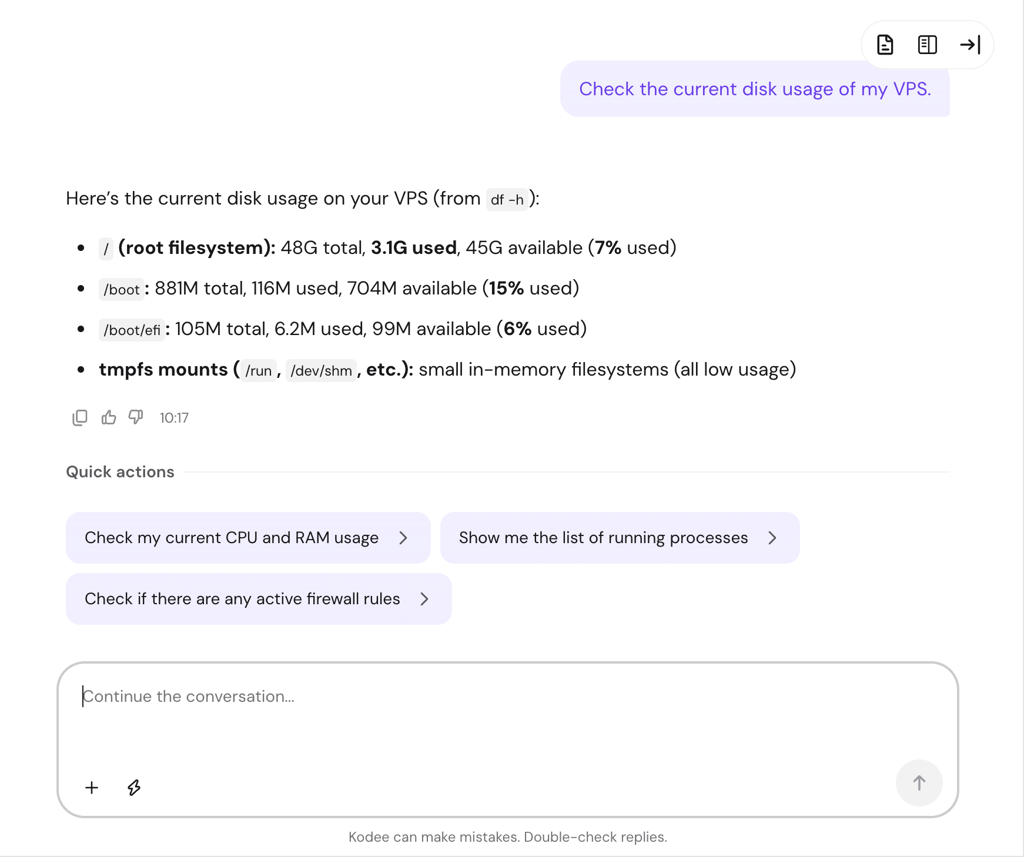 Hostinger Agent checking the current disk usage of a VPS