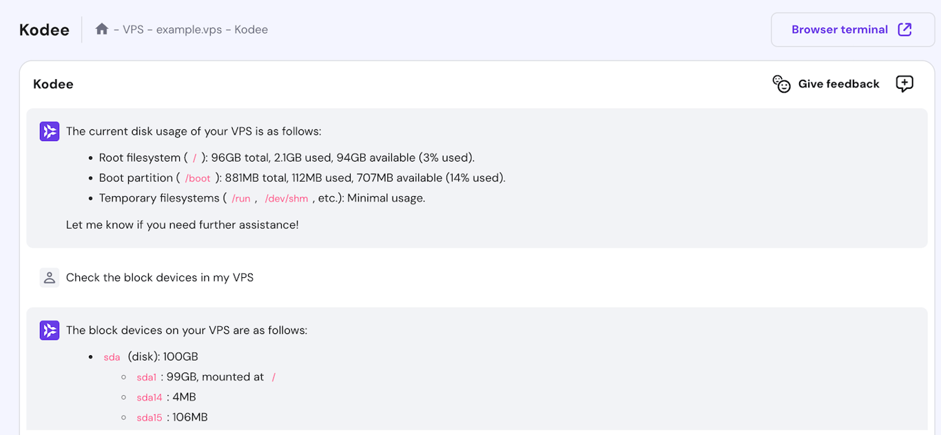Kodee outputs the VPS current disk consumption and block devices