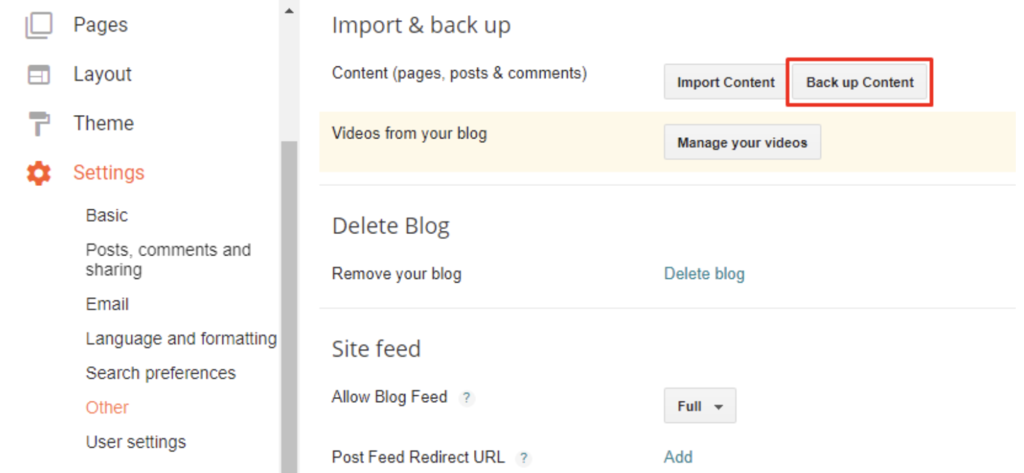 Images and back up on settings page, how to back up your content