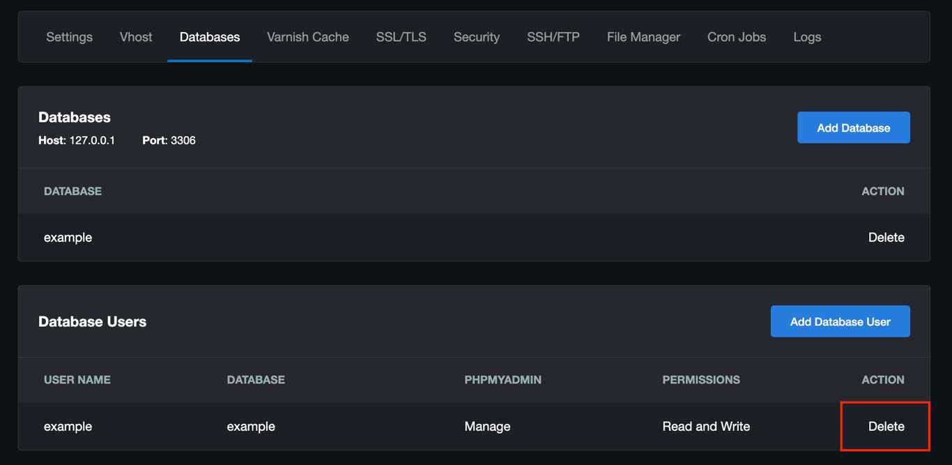 Hosting control panel showing database list with the delete option highlighted.
