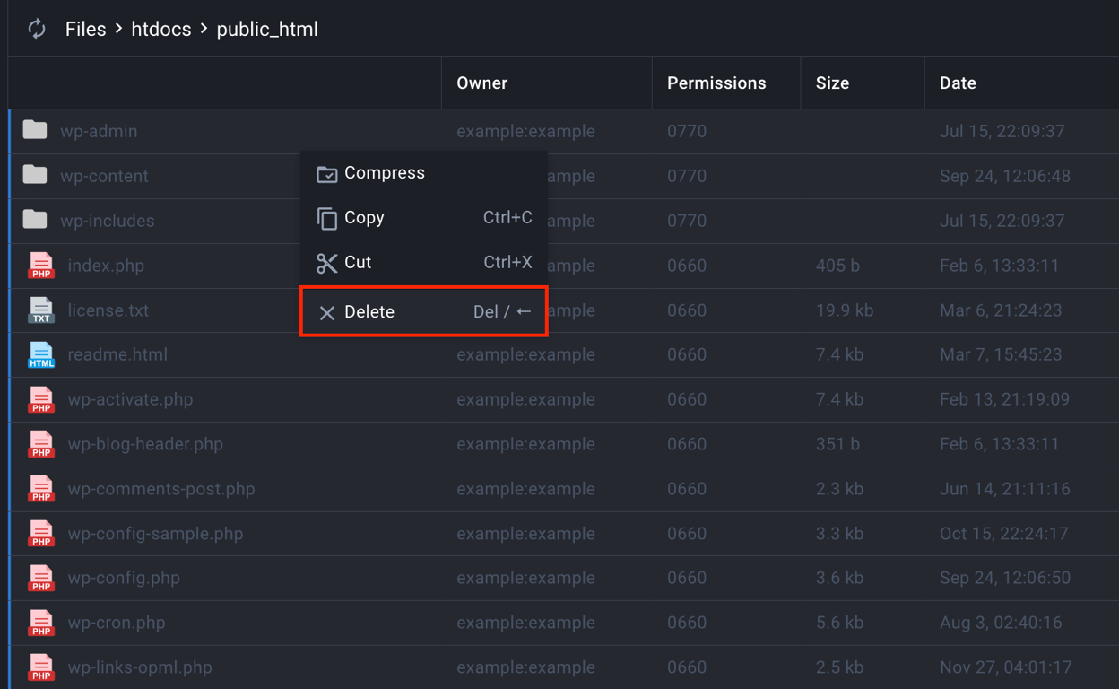 File Manager with all files inside the public_html directory selected for deletion.