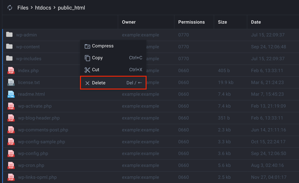 File Manager with all files inside the public_html directory selected for deletion.