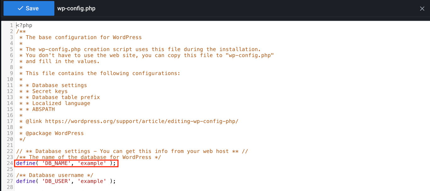 File Manager showing wp-config.php file with the database name highlighted.