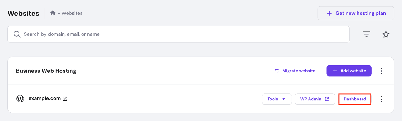 hPanel Websites section with the Dashboard button highlighted next to a site.